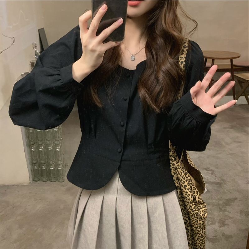 !  Korean style retro French square collar long-sleeved shirt for women single-breasted design niche chic top