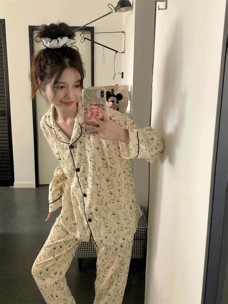 樹皮皺 2023年新款睡衣女長袖套裝休閒家居服甜美可愛