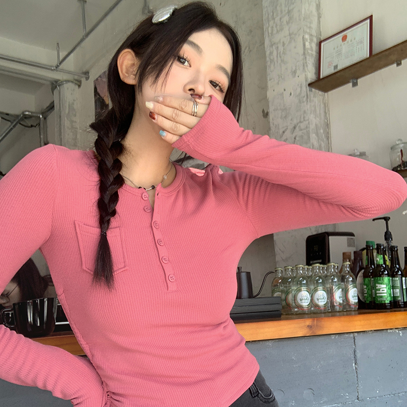 半開領羊絨長袖打底衫女春秋季抽繩t恤收腰緊身短款上衣