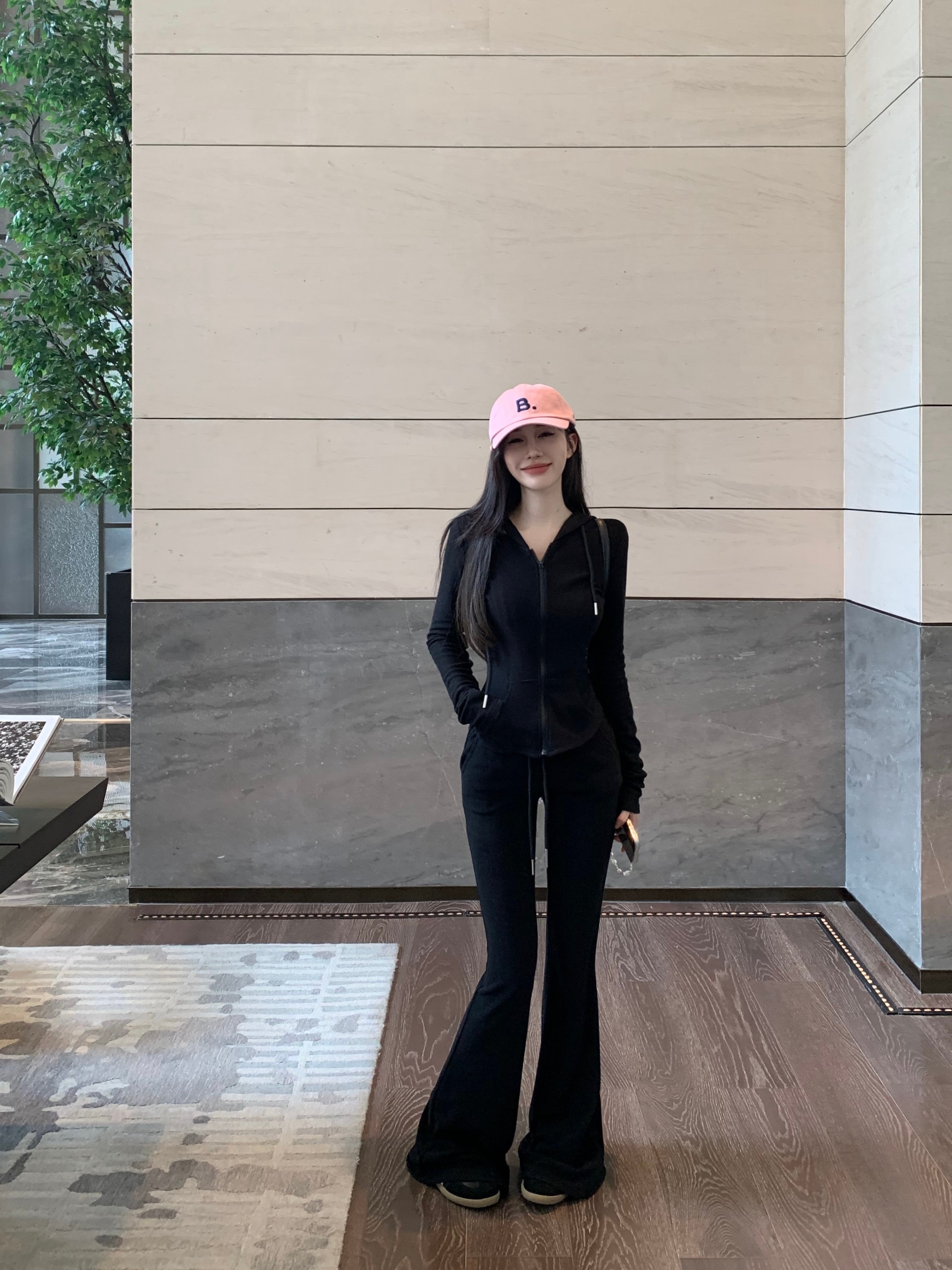 Casual sports suit autumn hooded sweatshirt floor-length micro-flared pants two-piece set