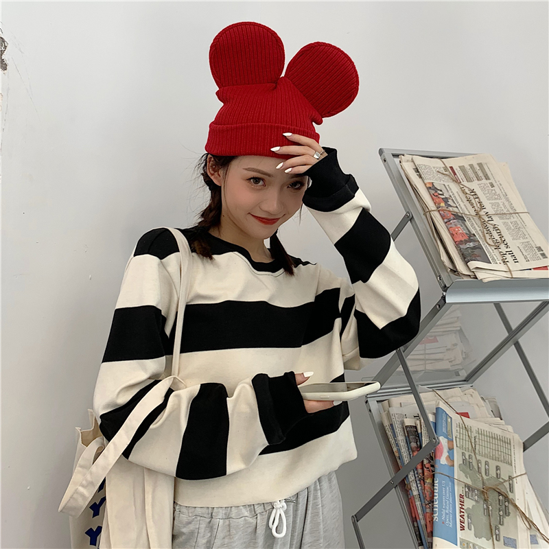 新款時尚女裝 100%纖維 高腰條紋韓版寬鬆潮ins小個子女衛衣