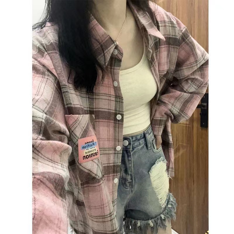 非 慵懶溫柔風冪式穿搭外套ins長袖polo粉色格子襯衫