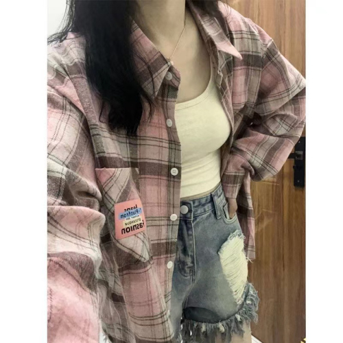 Non-lazy gentle wind power style coat, Instagram long-sleeved polo pink checkered shirt