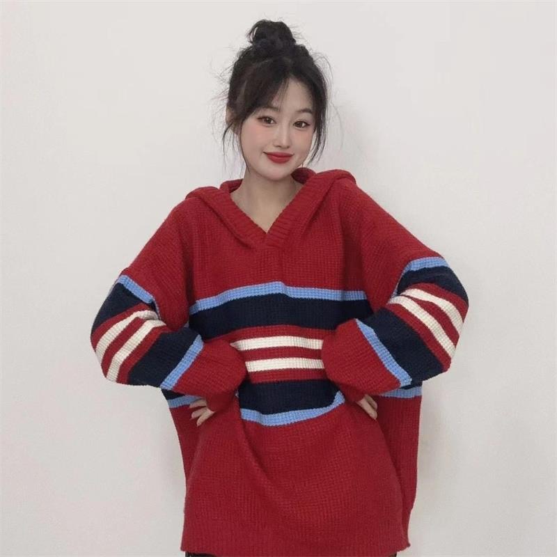 韓版時尚橫條紋連帽毛衣女冬季2023寬鬆中長款連帽針織衫上衣