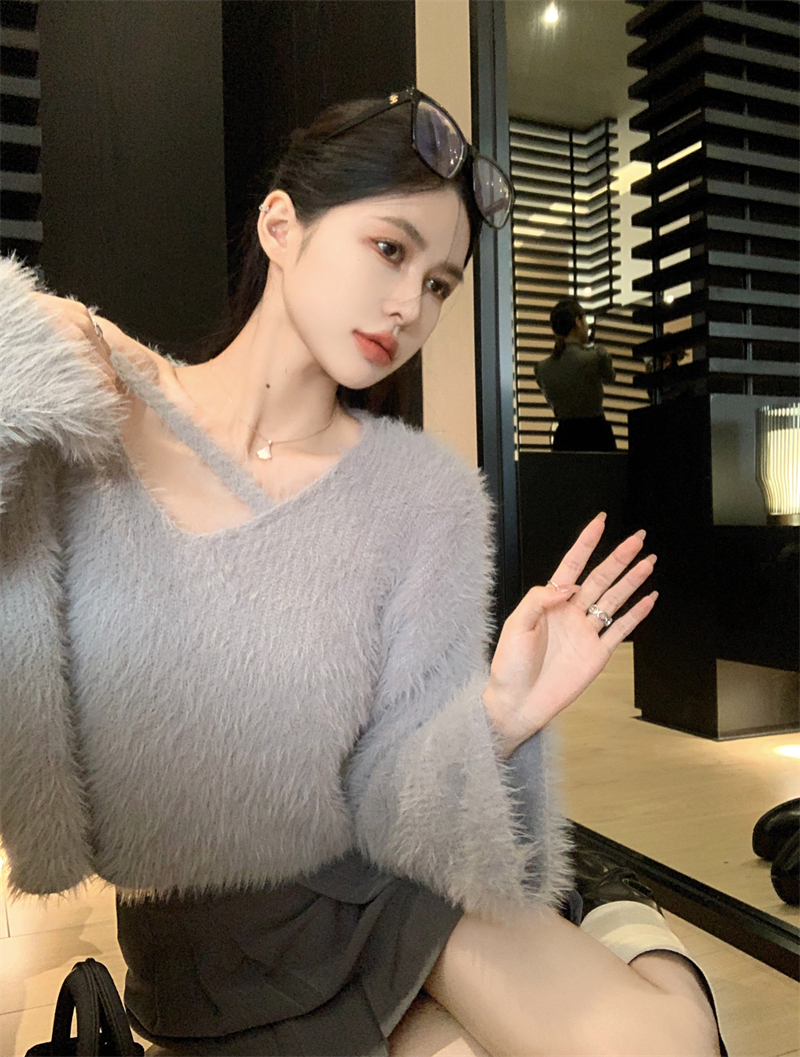 秋冬韓版寬鬆純欲短款仿水貂絨針織衫套頭女毛衣