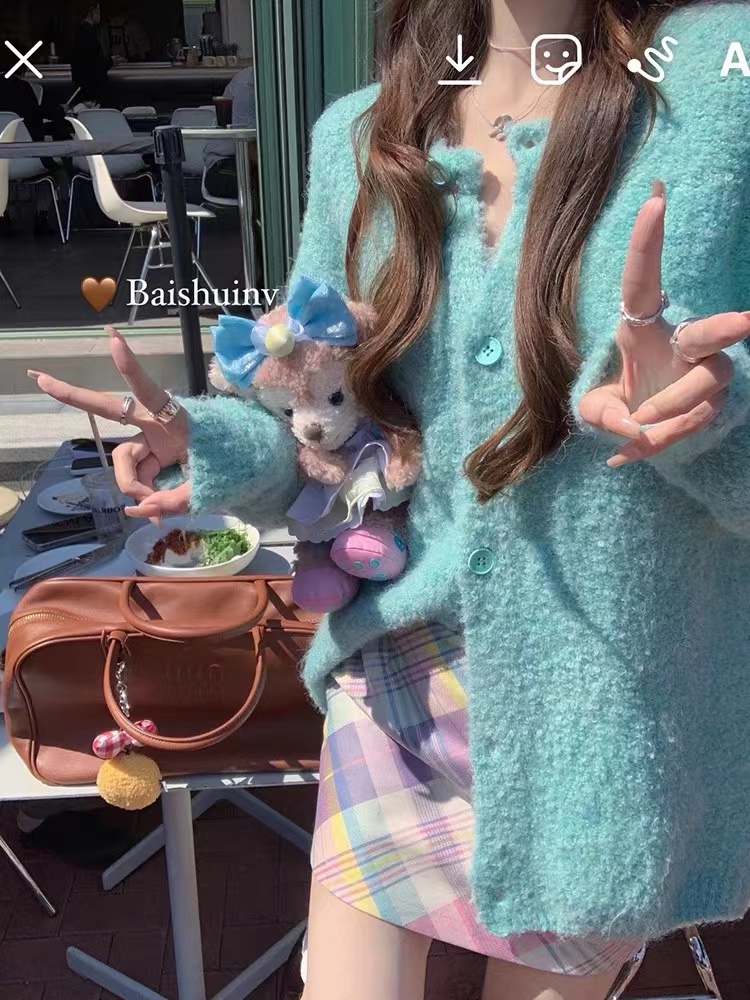 白水女歐尼吶～開衫軟糯毛衣秋冬溫柔風加厚寬鬆圓領長袖外套