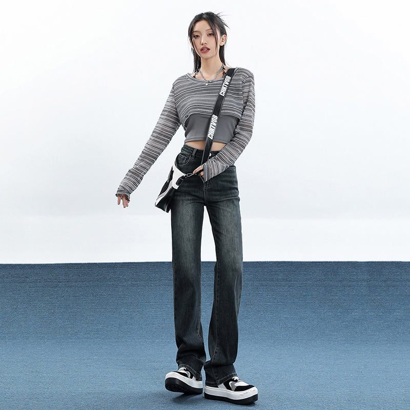 2023秋季顯瘦煙管高個子直筒納米水洗高腰窄版牛仔褲女