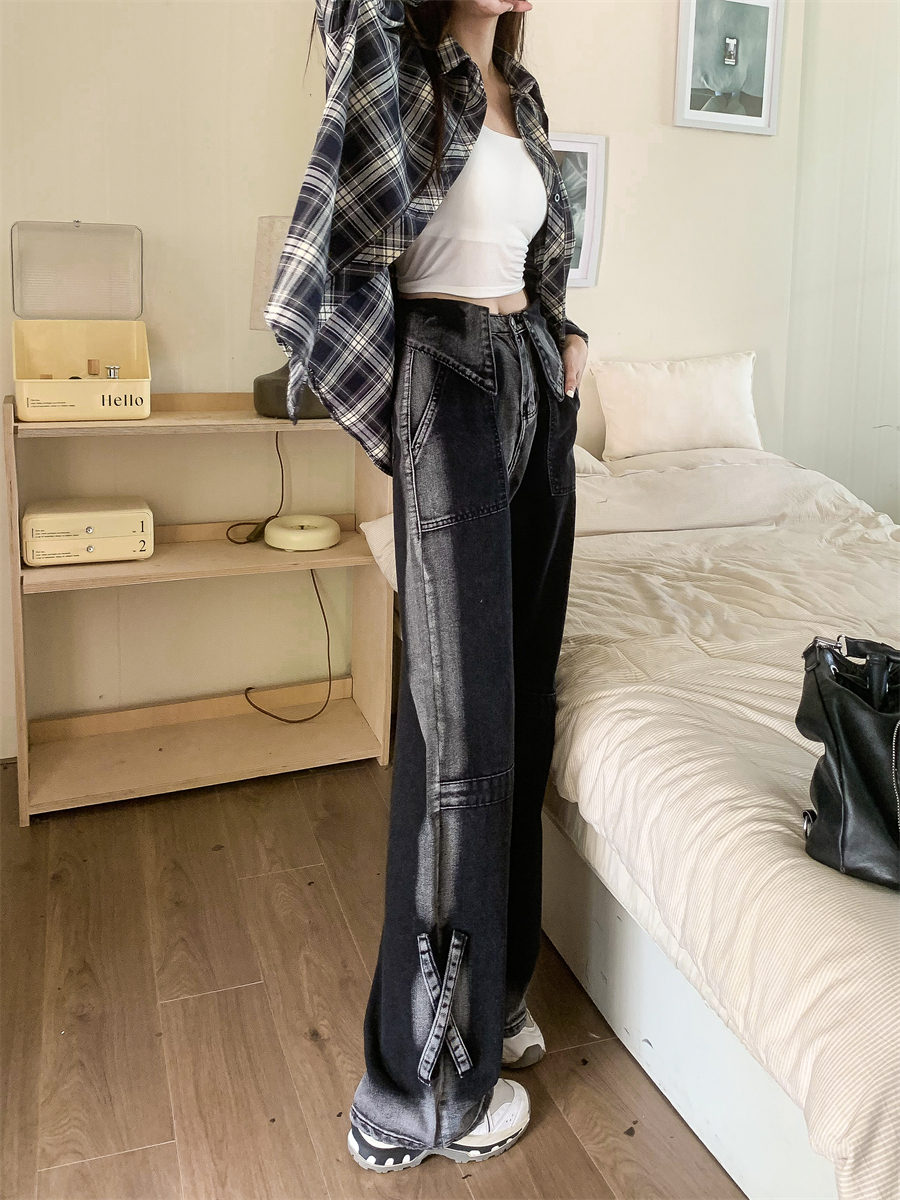 黑灰色漸變翻邊牛仔闊腿褲女夏季2023新款顯瘦垂感直筒拖地長褲子
