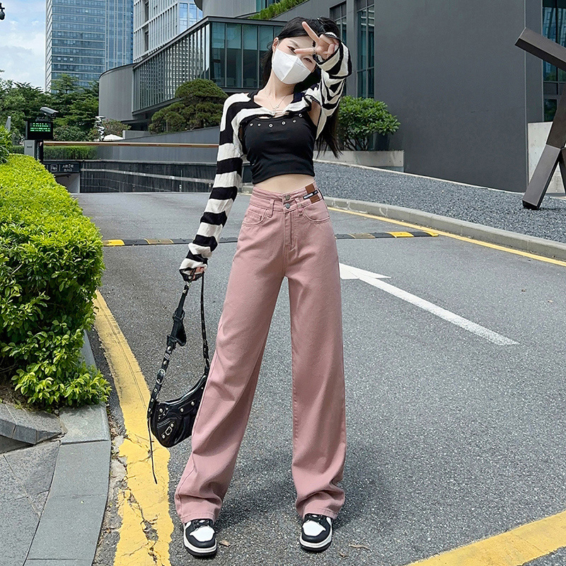 2023秋高腰闊腿寬鬆百搭顯瘦雙扣垂感拖地牛仔褲女