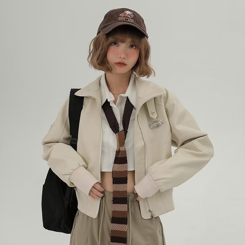Autumn 2023 New Design American Leather Jacket Women's Short Motorcycle Jacket Top