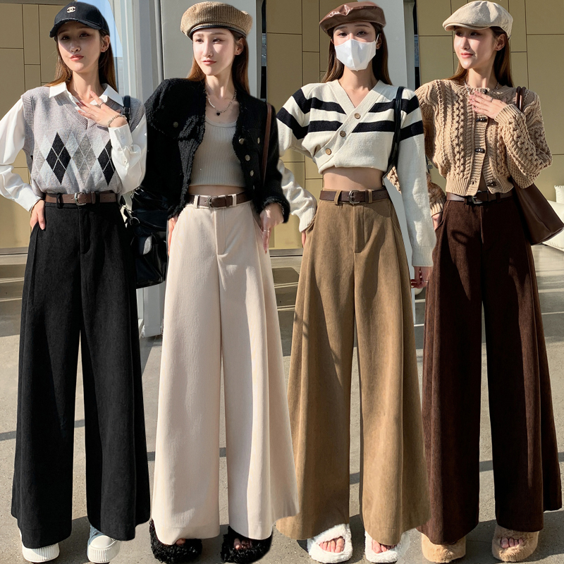 燈芯絨闊腿褲女2023秋冬新款復古高腰寬鬆顯瘦小個子休閒褲