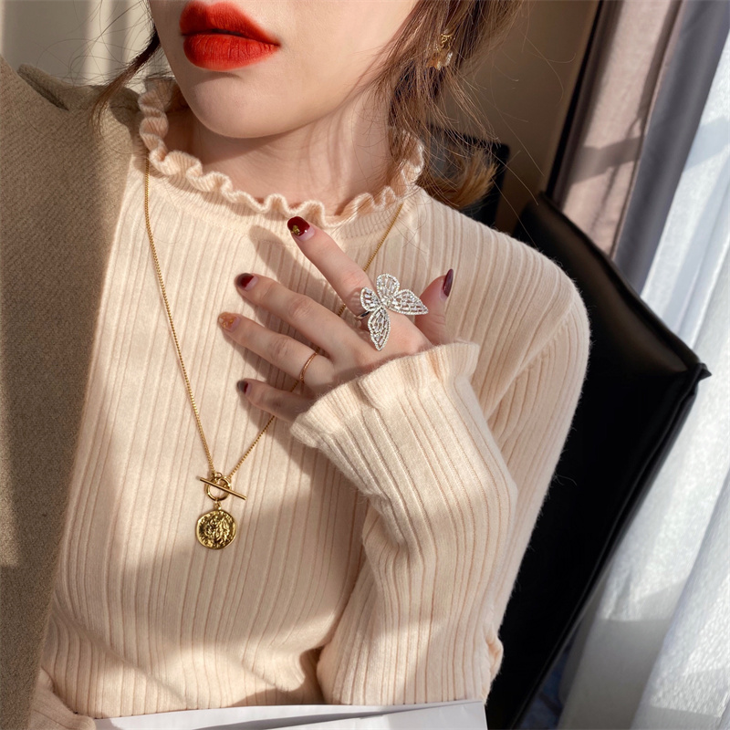 木耳邊打底衫女早秋2023新款設計感小眾內搭中領毛衣針織衫上衣
