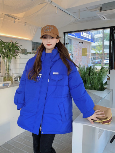 2023冬装韩版个性别针设计连帽加厚宽松保暖棉服外套