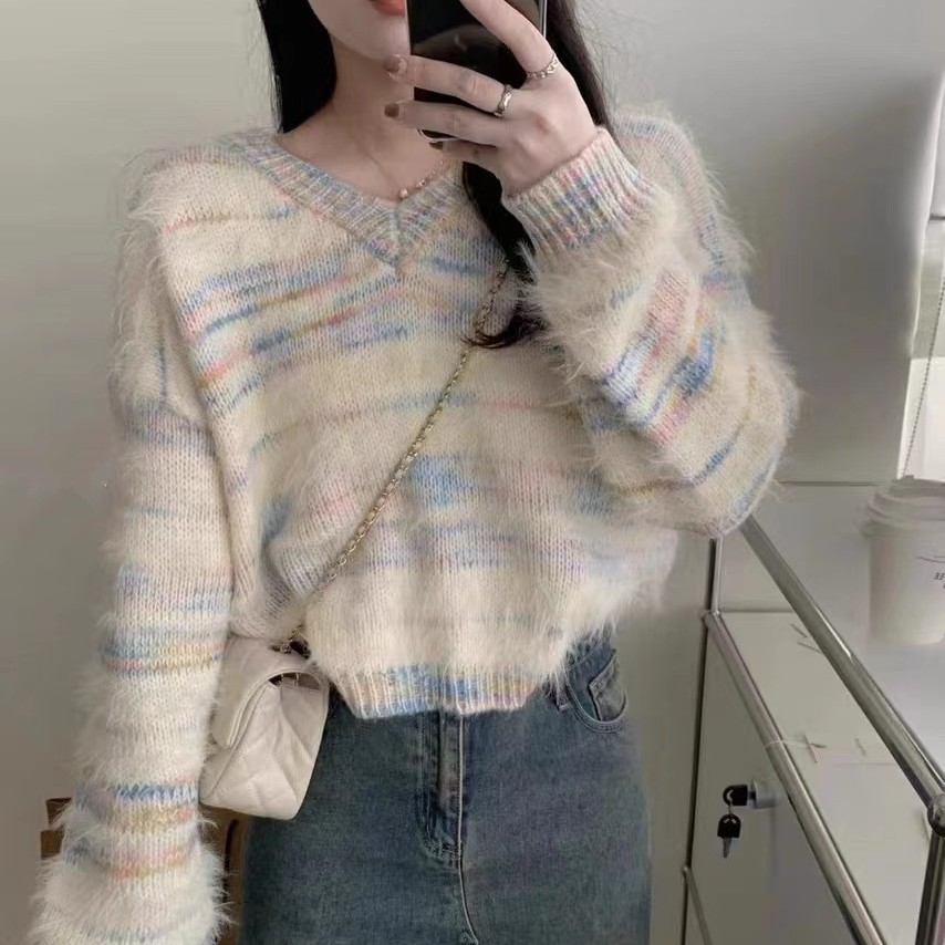 溫柔風軟糯v領條紋毛衣女秋冬寬鬆短款內搭仿貂絨打底針織衫上衣