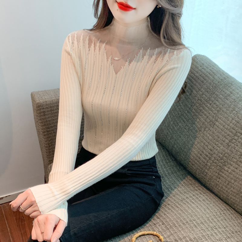 2023秋冬季新款內搭修身長袖半高領打底帶鑽百搭上衣女