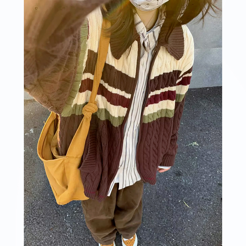 日系復古麻花條紋雙拉鏈毛衣開衫女秋冬寬鬆慵懶polo翻領針織外套