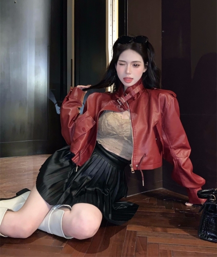 Pure Desire Hot Girl High-end Retro Waist Drawstring Jacket Short Motorcycle Leather Jacket Top
