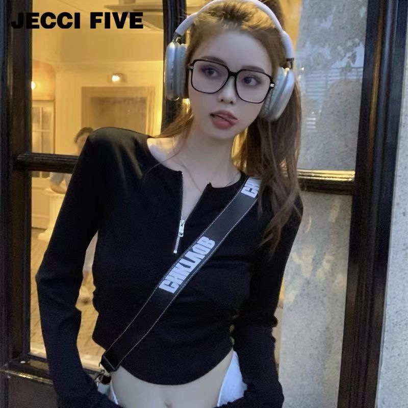 甜酷辣妹半拉鏈長袖t恤女ins秋季新款修身顯瘦高腰正肩短款上衣服