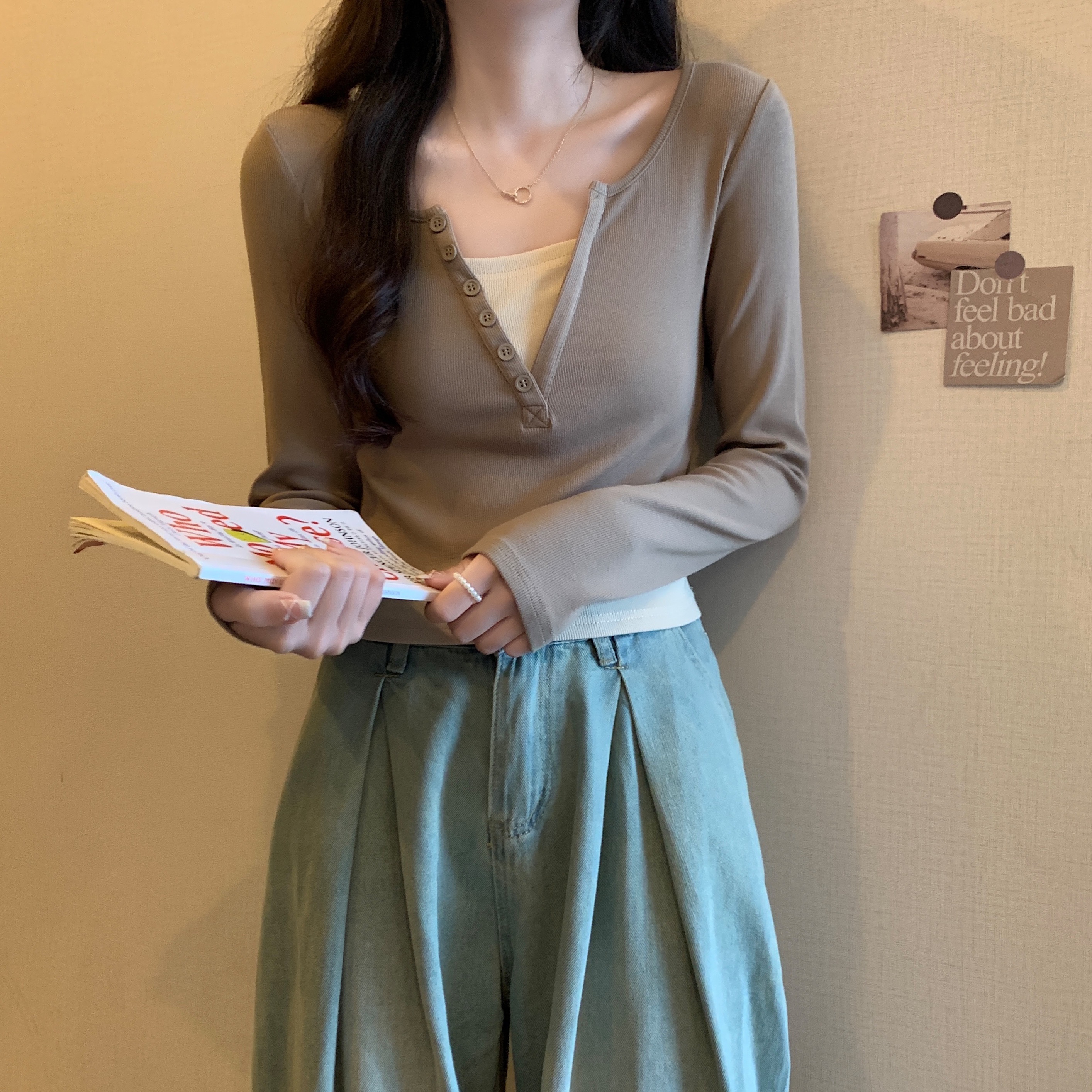 260克人棉辣妹修身t恤女打底衫早秋美拉德穿搭chic長袖上衣