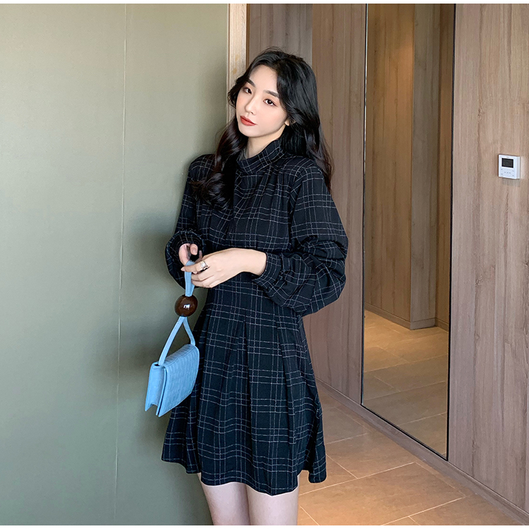 Ms XIDU 2023秋冬長袖格子連衣裙短裙收腰顯瘦暗黑系小黑裙氣質女