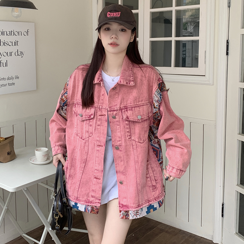 ！春秋新款美式復古夾克寬鬆古着甜酷粉拼接工裝牛仔外套