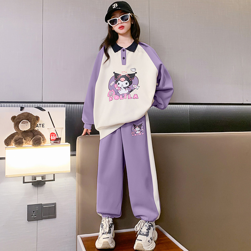 Girls Kuromi Sweatshirt Set 2023 Autumn Style Children's Cartoon Polo Collar Top Sports Two-piece Set
