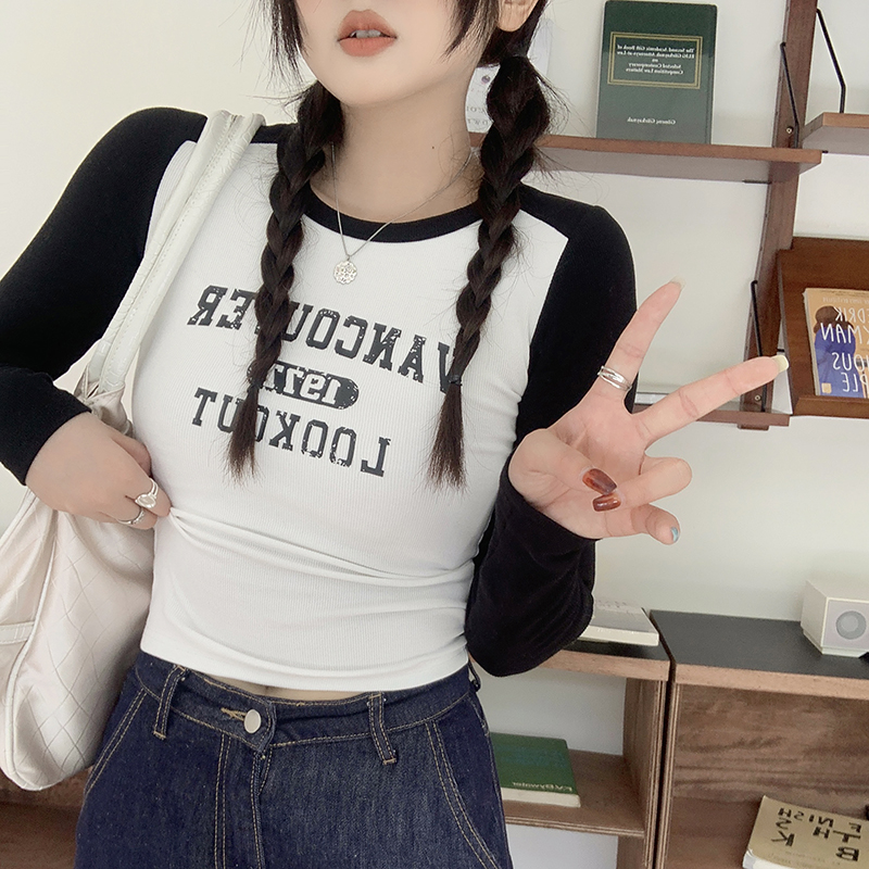 美式復古插肩袖撞色t恤女打底衫別致印花長袖高腰上衣秋