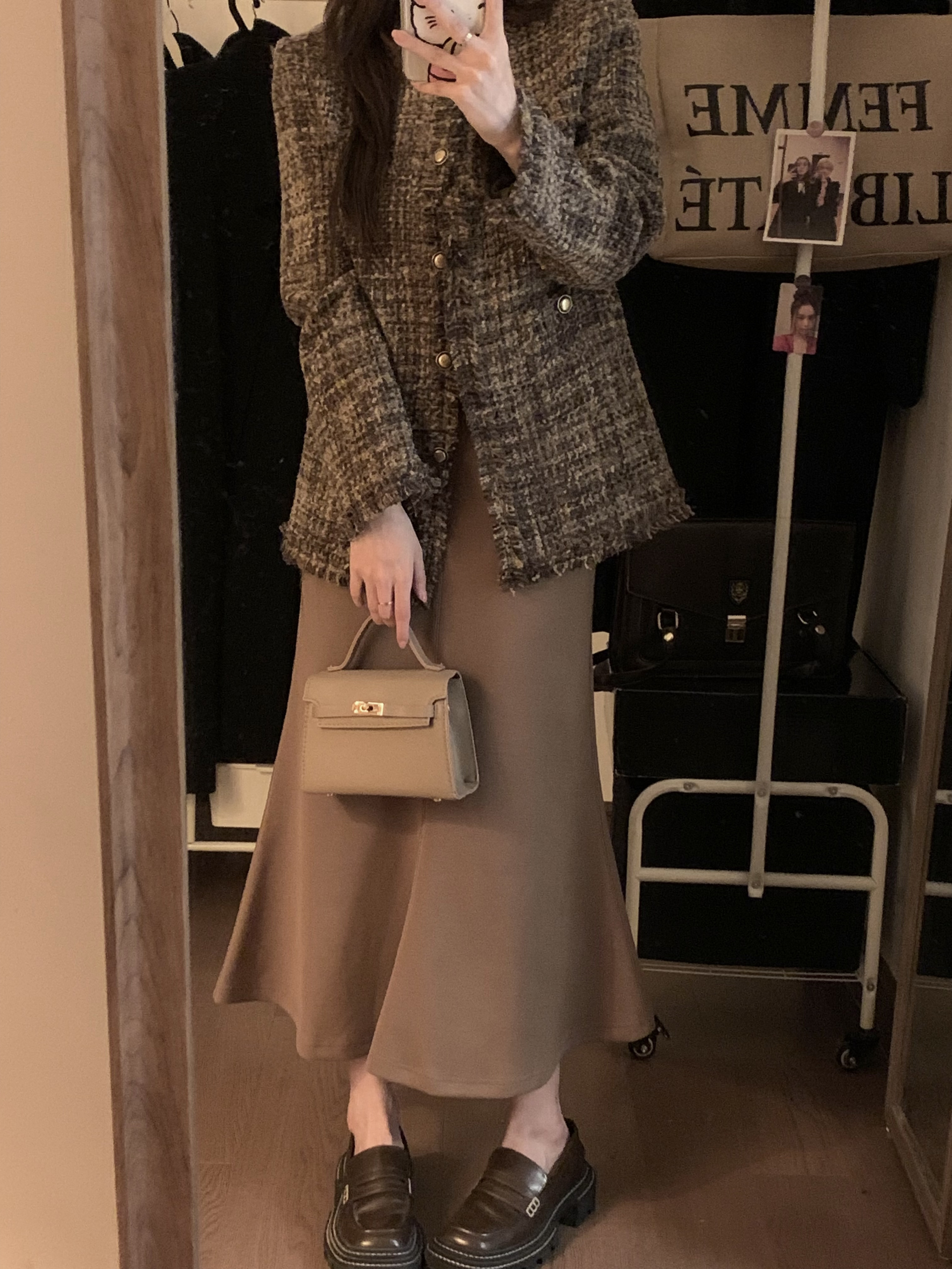 ~法式復古編織小香風呢子外套+卡其色魚尾長裙半身裙套裝