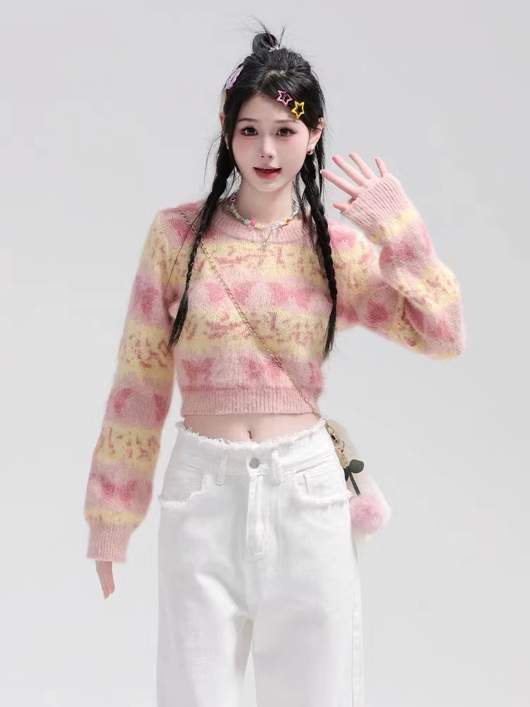 日系甜美風蝴蝶奶fufu毛衣女秋季慵懶風毛茸茸軟妹短款針織上衣潮