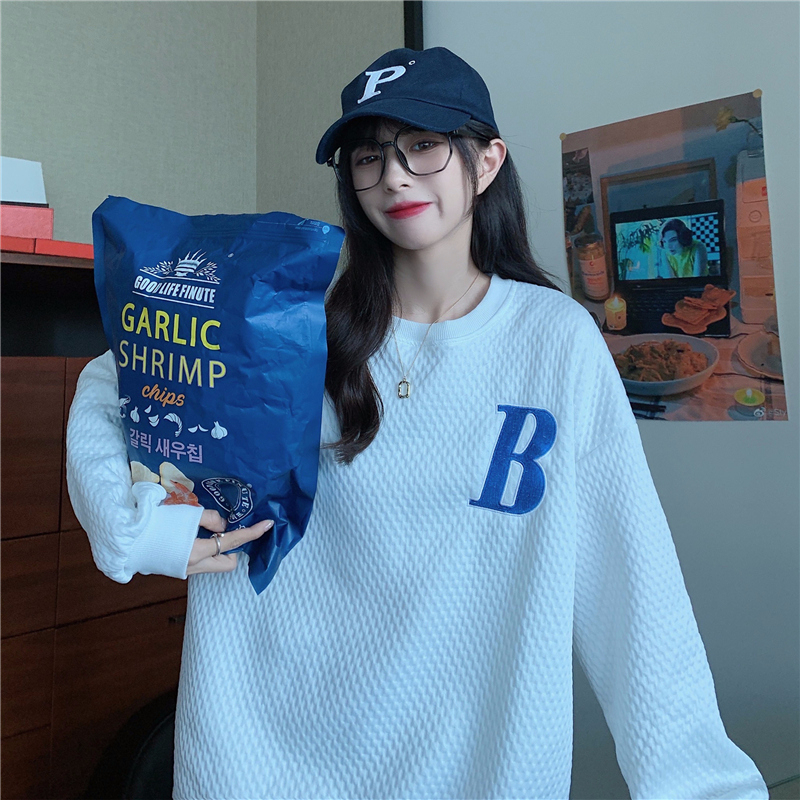 新款時尚休閒 100%纖維 蜂窩網格 秋裝寬鬆衛衣女刺繡字母