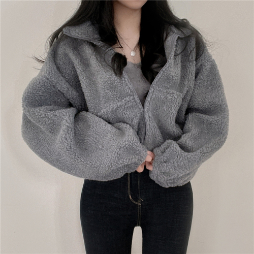 Korean style lamb wool basic short style versatile lazy style thickened cardigan jacket top