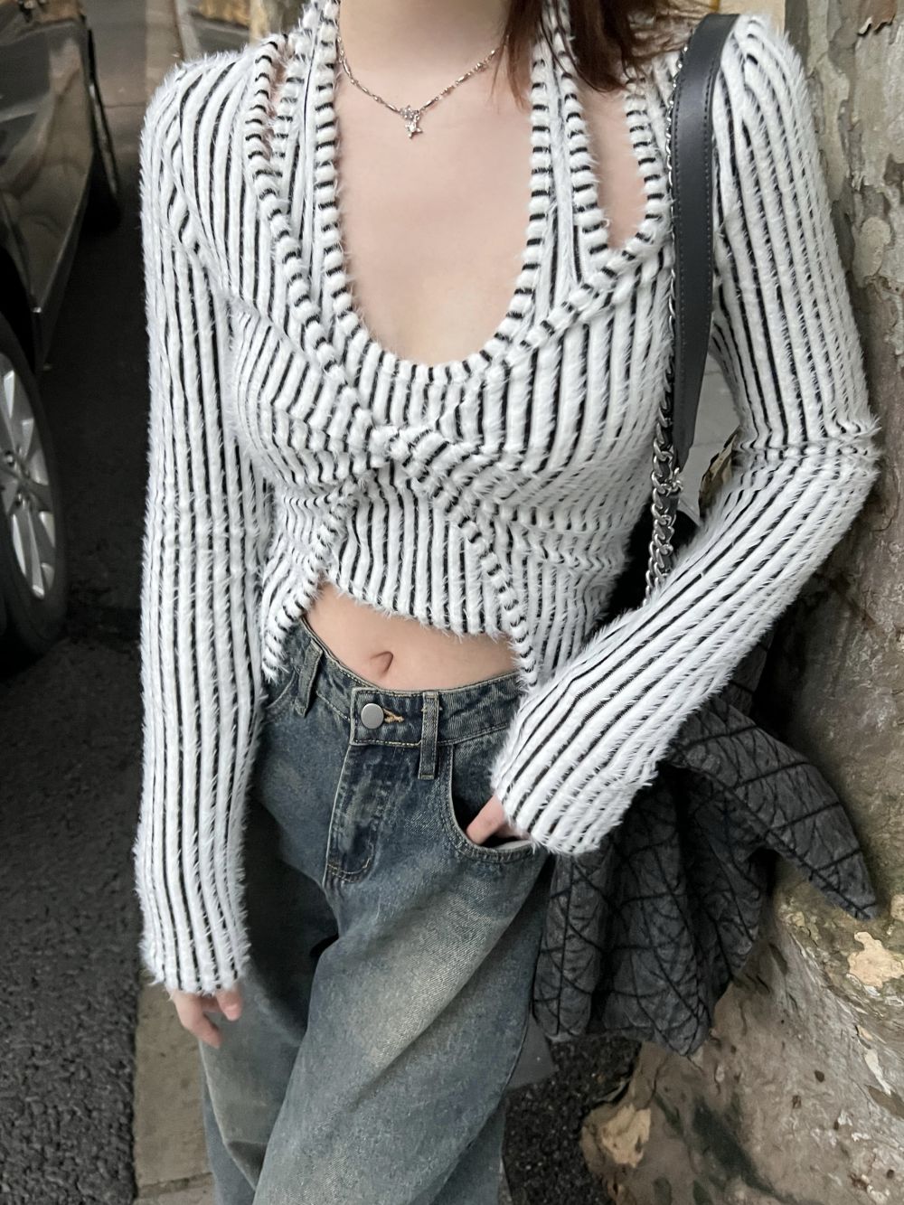 Three-label all-American niche halterneck suit shirt striped sweater top