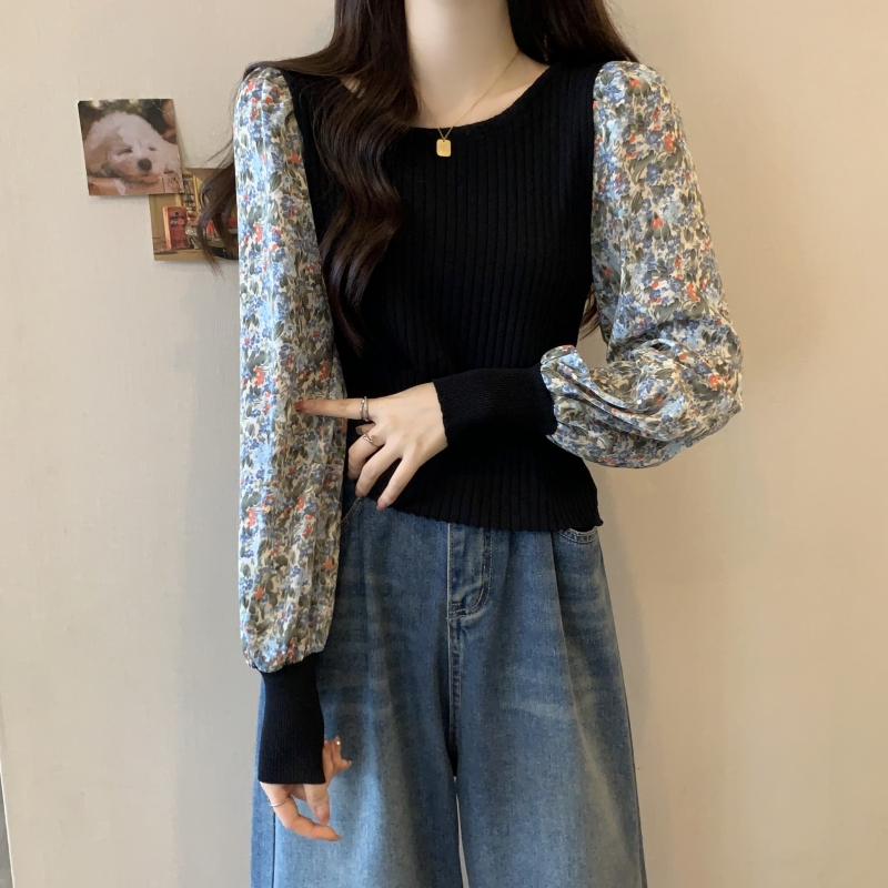原版做工2023年秋季大碼女裝顯瘦高級感胖mm遮肚內搭碎花打底衫