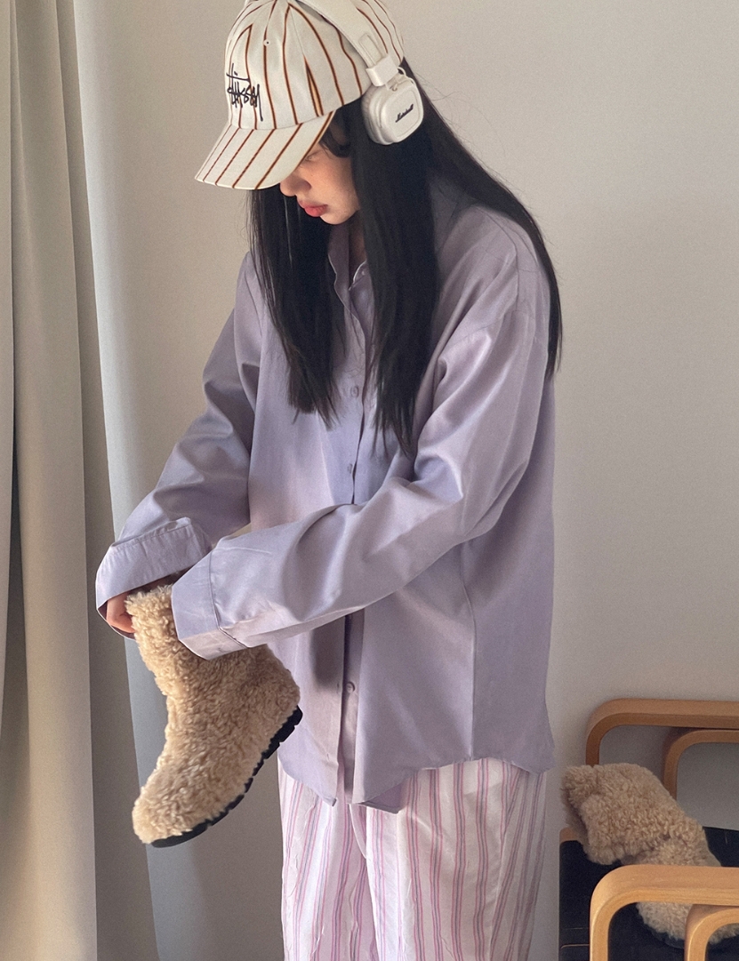 已保護~100棉 韓國ins鬼馬香芋紫色少女純色寬鬆中長款襯衫秋季