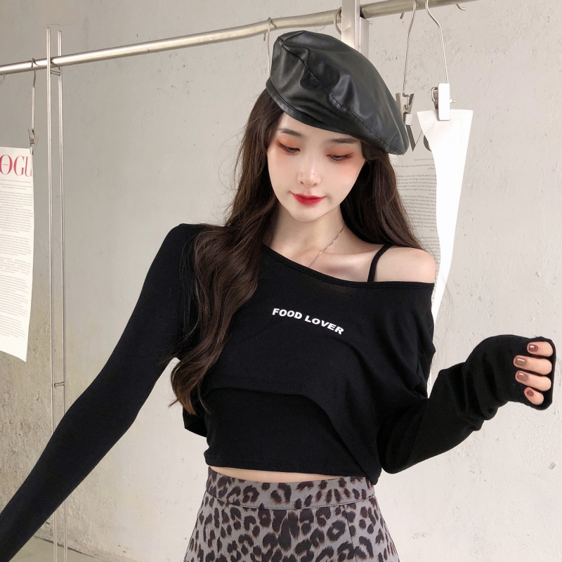 有氨德絨 設計感吊帶二件套裝長袖磨毛T恤女