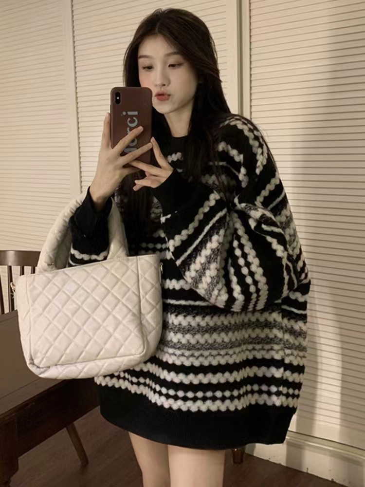 慵懶風復古條紋套頭毛衣女2023年春秋新款寬鬆時尚百搭針織衫上衣