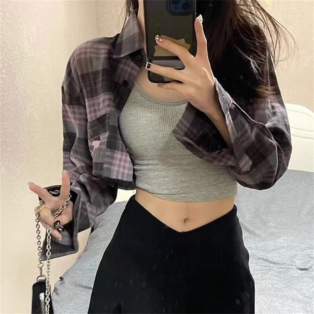 美式短款寬鬆多巴胺女孩穿搭格子防曬襯衫女夏季薄款開衫襯衣外套