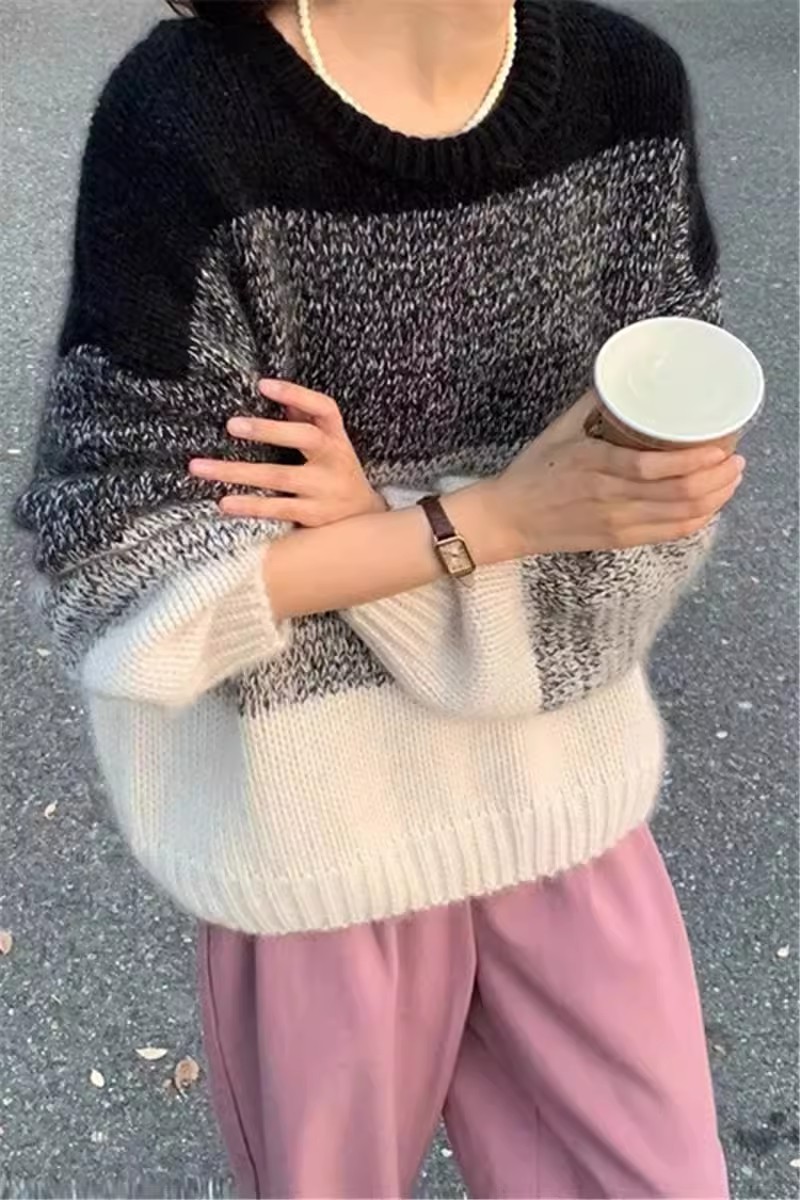 韓系漸變色拼色粗線毛衣針織衫女秋冬外穿設計感加厚慵懶打底上衣