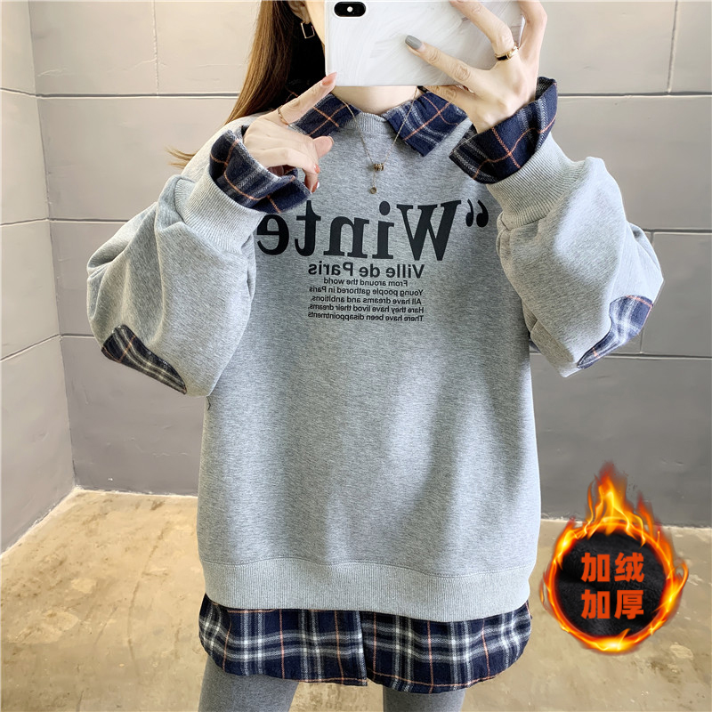 加絨仿棉複合310克重工衛衣女假兩件OP領網紅上衣女
