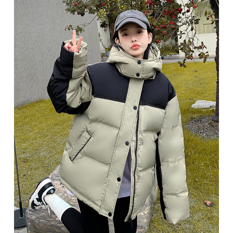 Hooded cotton coat for women, autumn and winter design, contrasting color loose and thickened bread coat, mid-length cotton coat official photo