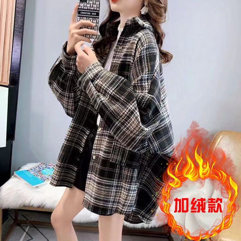 加絨加厚格子磨毛襯衫女上衣百搭襯衣秋冬新款休閒外套