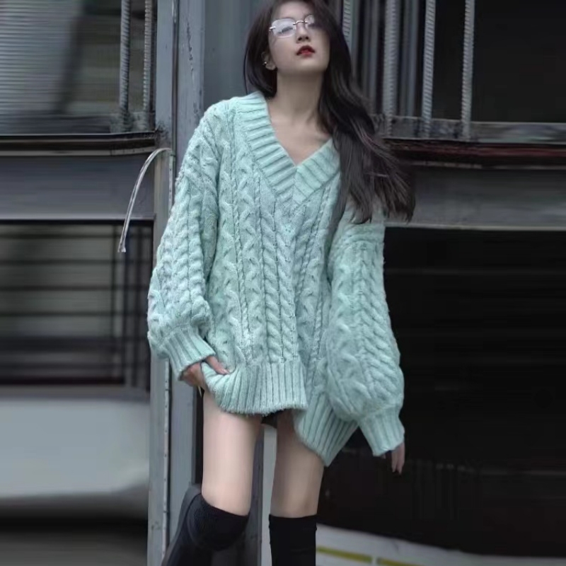 溫柔慵懶風套頭針織女衫時尚v領外穿韓版洋氣加厚毛衣女新款