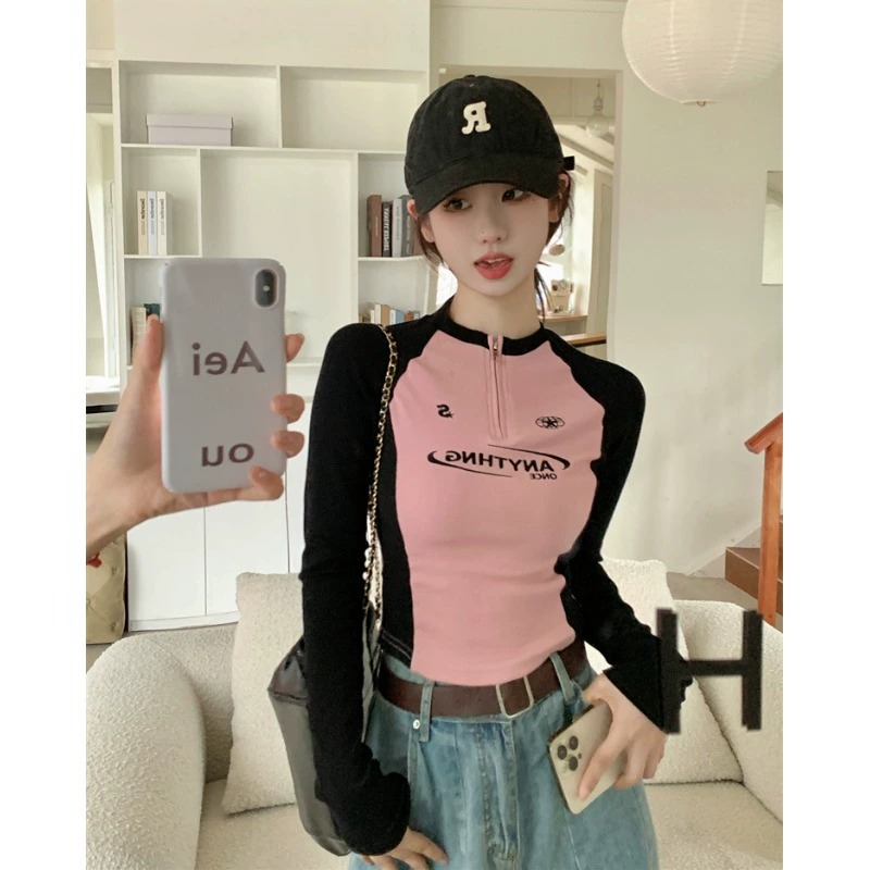 美式辣妹短款插肩袖t恤女內搭秋季拉鏈字母修身拼接長袖打底上衣