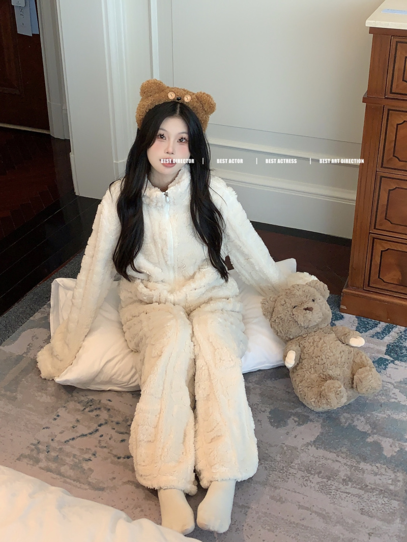 珊瑚絨睡衣女慵懶寬鬆秋冬加絨加厚拉鏈立領家居服套裝