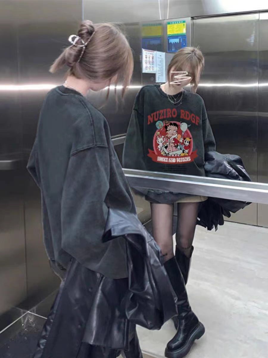 水洗灰純棉美式衛衣oversize小眾高街潮牌ins春秋寬鬆慵懶上衣女