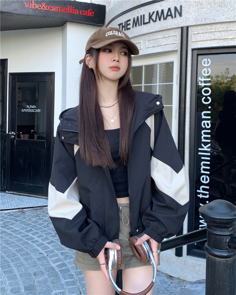 Color block hooded jacket for women, jacket top, design workwear, baseball uniform, windbreaker for women