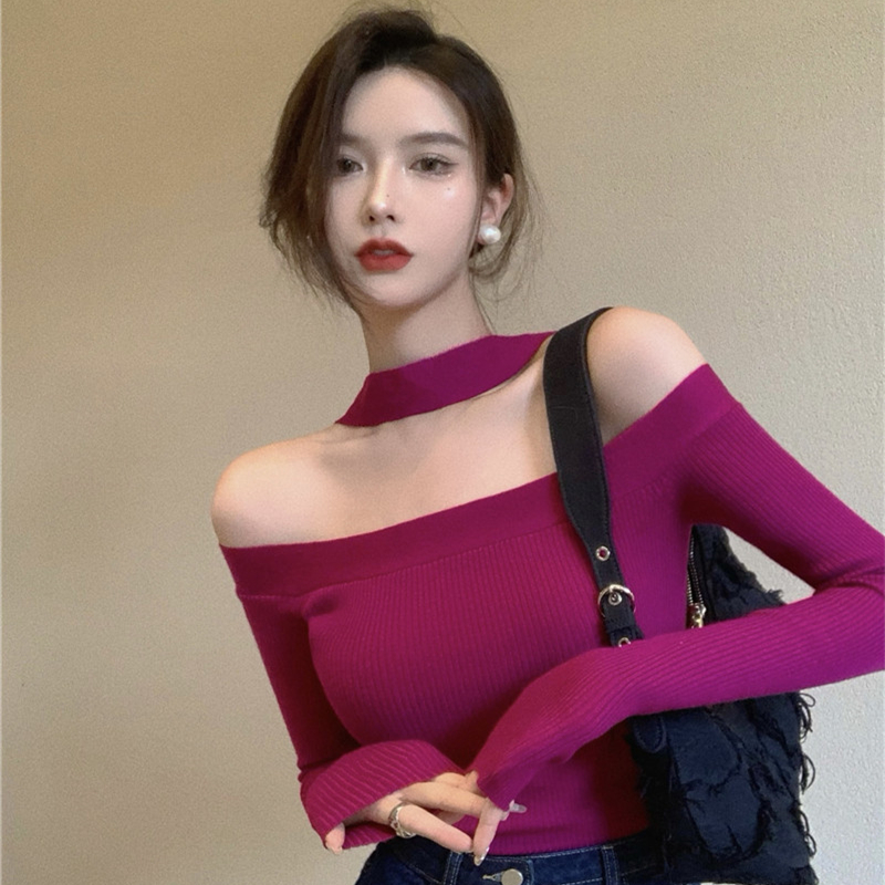 薄款打底上衣春女秋裝2023新款掛脖一字肩露鎖骨純欲辣妹風針織衫