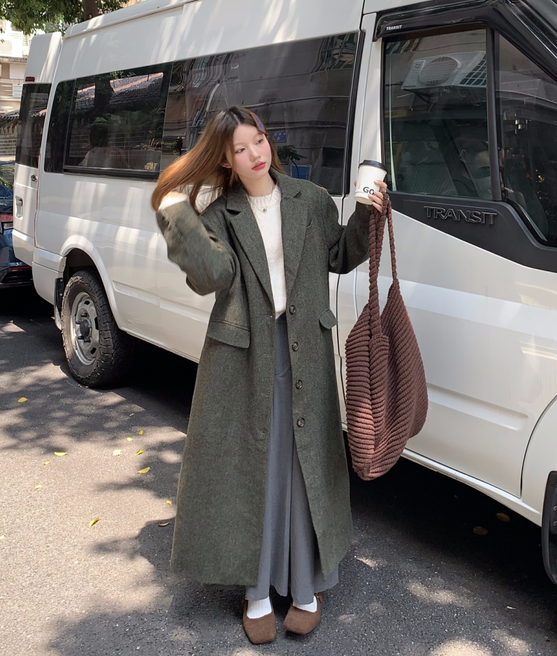 ！~復古顯瘦羊毛呢子外套韓版翻領單排扣西裝中長款大衣