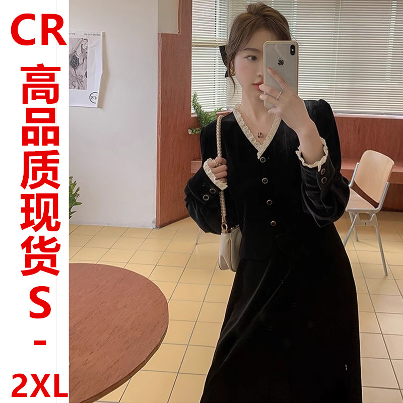 2023秋新品法式V領法式收腰顯瘦金絲絨小黑色裙子