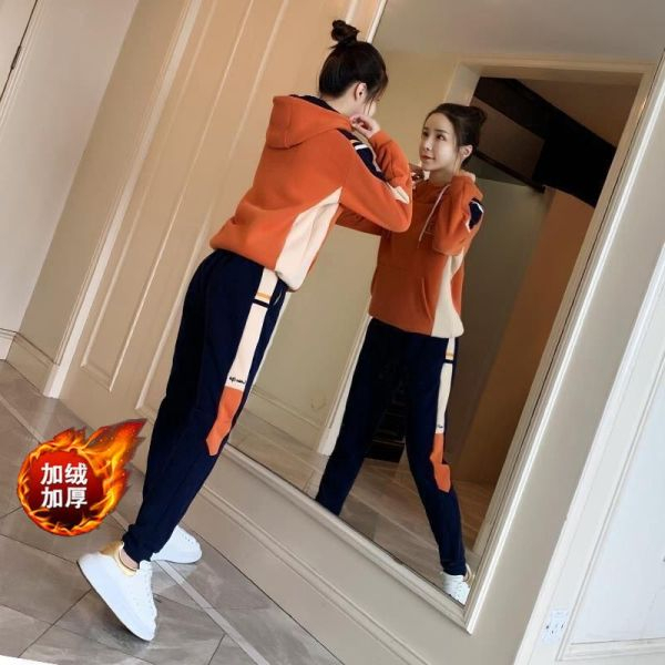加絨加厚網紅新款秋冬季休閒運動套裝女時尚連帽衛衣兩件套